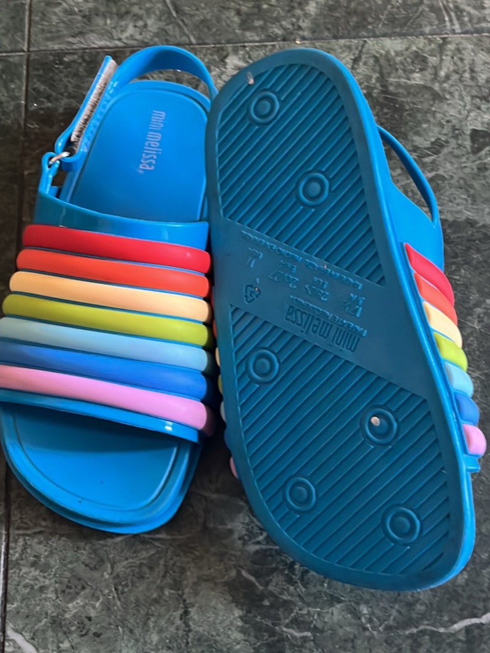 Mini Melissa Blue Sandals with Multicolor Rainbow Straps